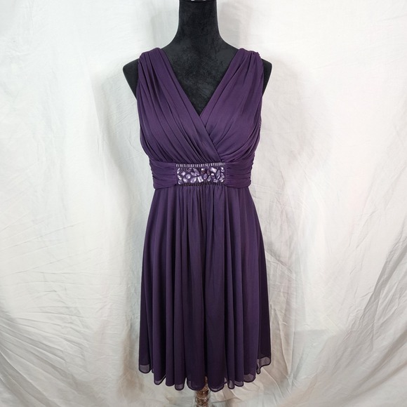 JESSICA HOWARD Size 12P Dk Purple Rhinestone Embellished Pleated Cocktail Dress - Picture 1 of 8
